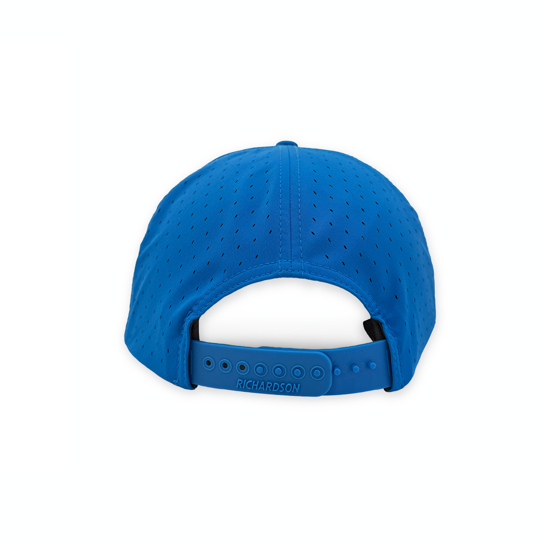 Adult Anthem Script 7 Panel Performance Trucker Hat (Blue)