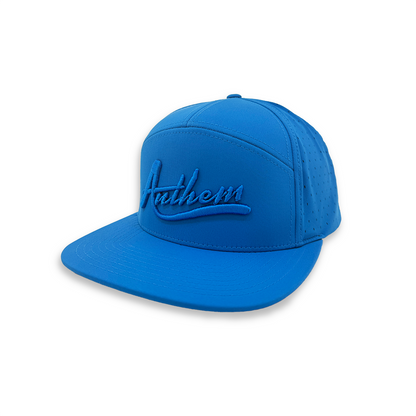 Adult Anthem Script 7 Panel Performance Trucker Hat (Blue)